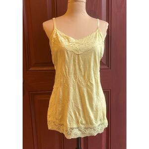 VTG Dressbarn Long Cami Tank Top L Yellow Crinkled Lace Trim String Strap Y2K